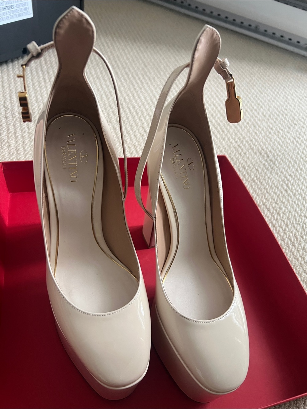 Valentino Cream Patent Leather Platform Ankle-Strap Pumps
